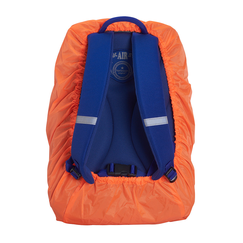 Back straps of a royal blue backpack with bag covered in an orange reusable, raincover.