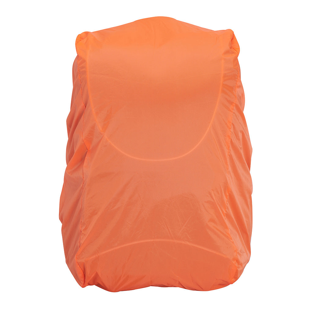 Harlequin Hi-Viz orange backpack cover front angle displaying water repellent, fade resistant material.
