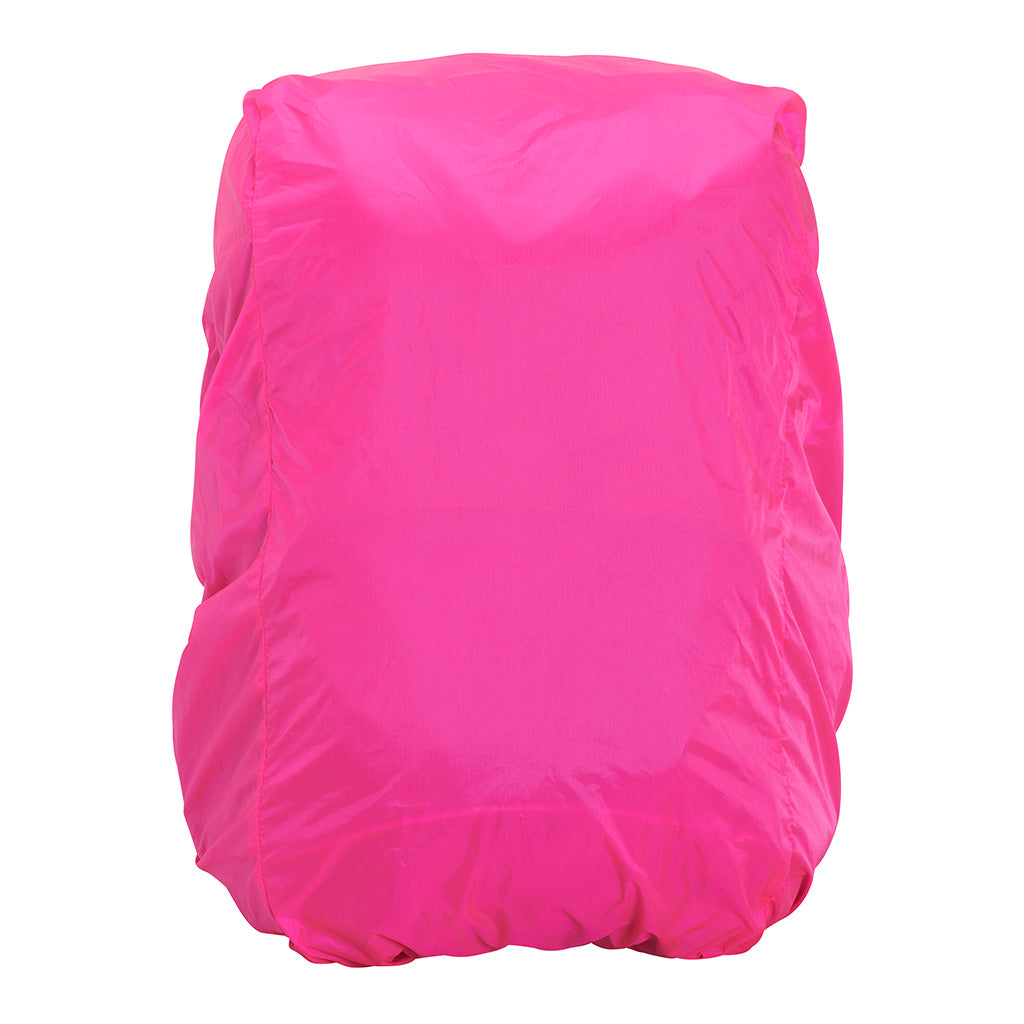 Harlequin Hi-Viz hot pink backpack cover front angle displaying water repellent, fade resistant material