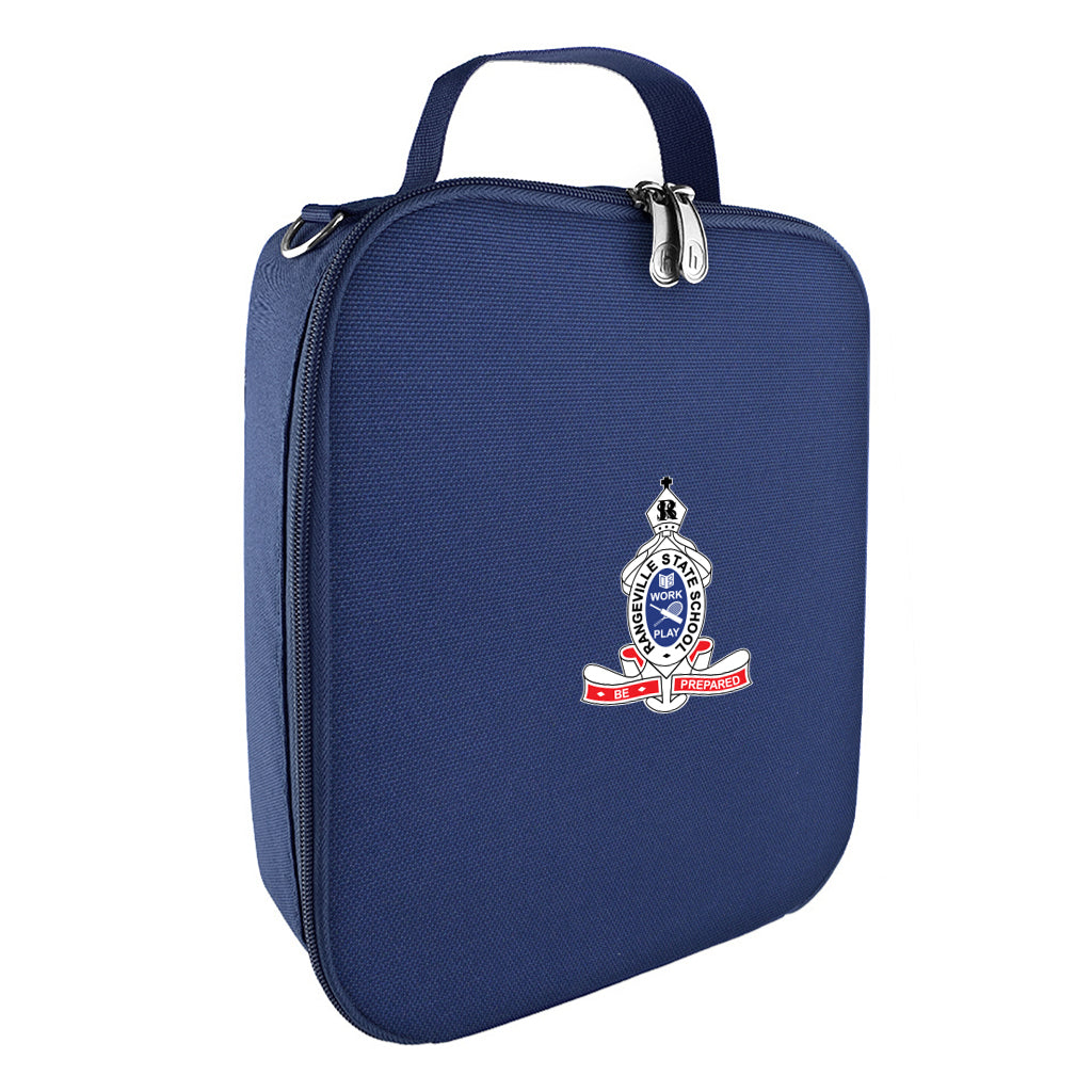 Harlequin lunch bag in navy colour front side angle displaying carry handle, durable water repellent material with Rangeville State School logo
