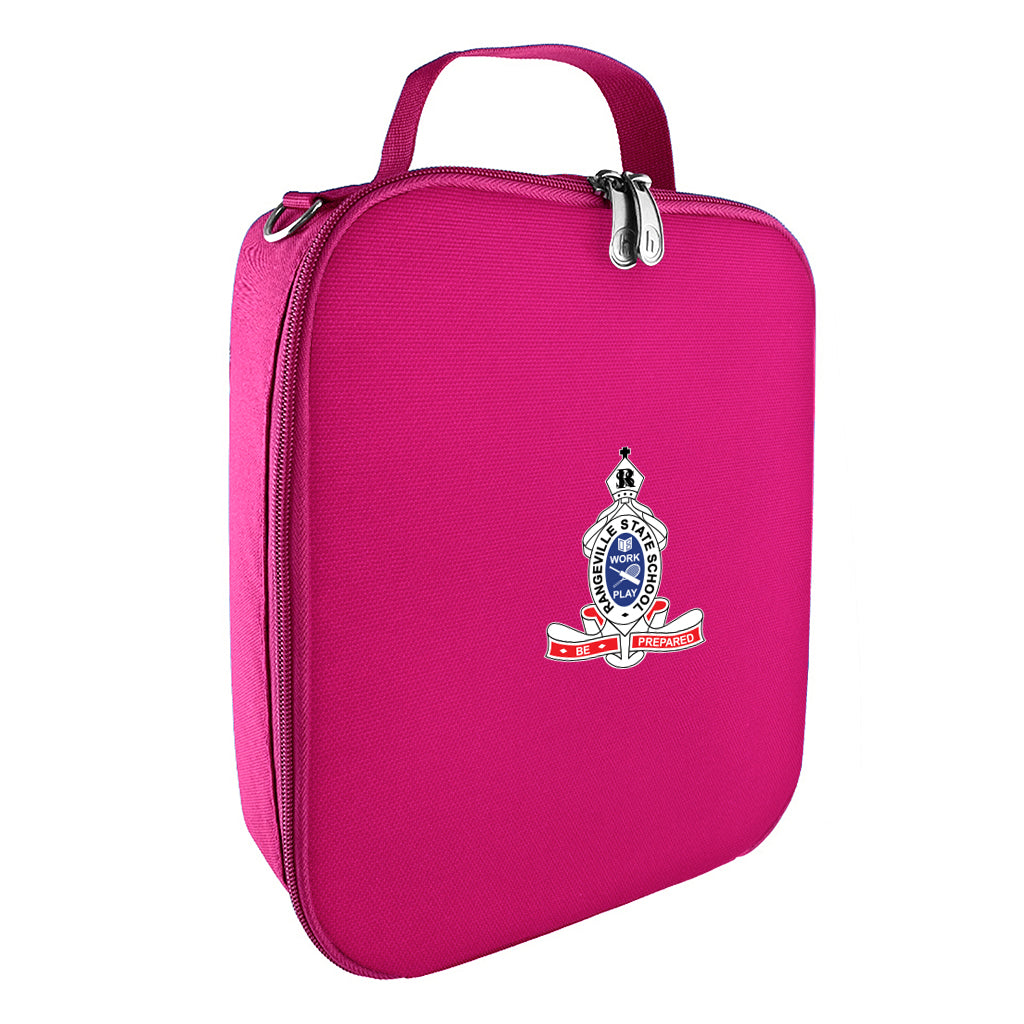Harlequin lunch bag in pink colour front side angle displaying carry handle, durable water repellent material with Rangeville State School logo