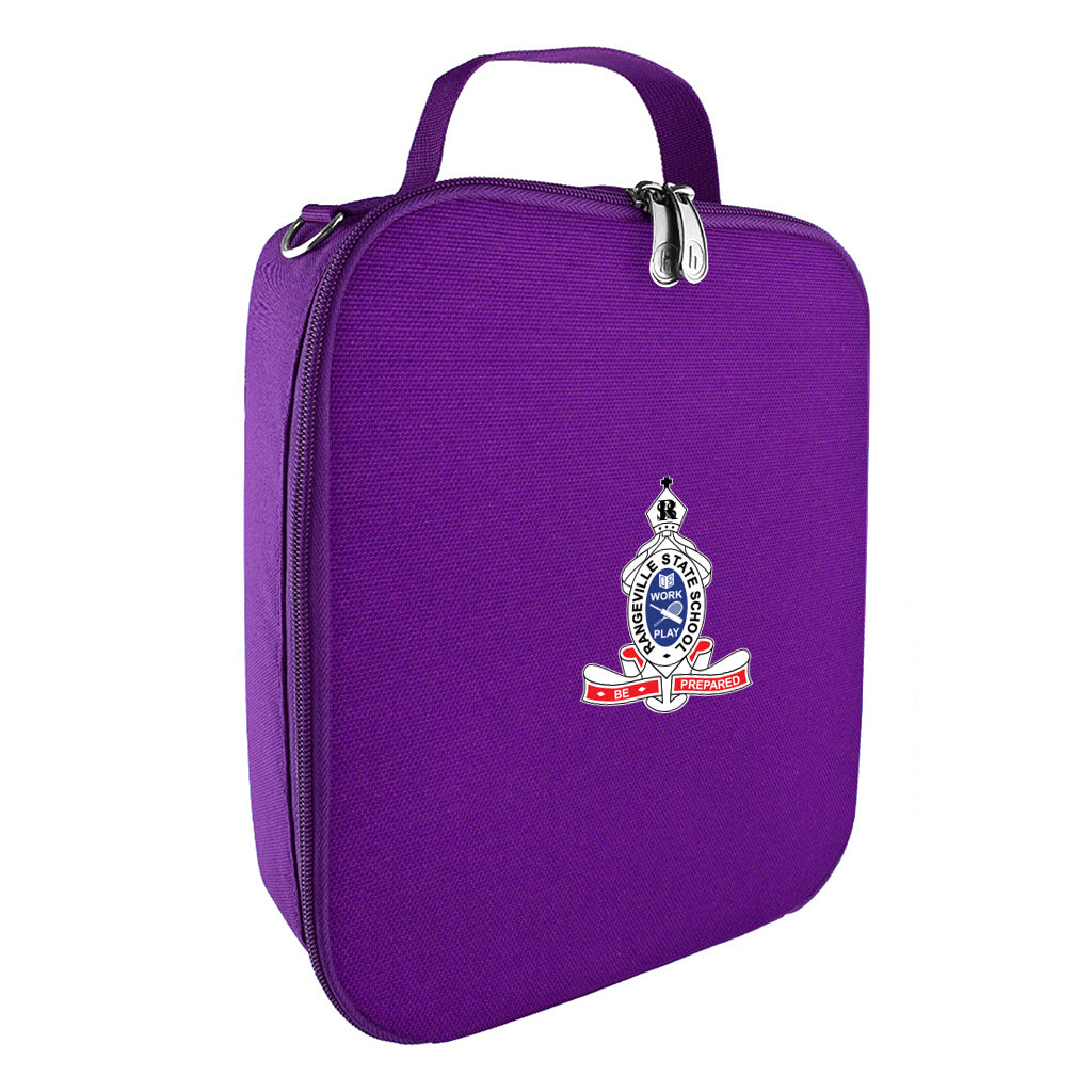 Harlequin lunch bag in purple colour front side angle displaying carry handle, durable water repellent material with Rangeville State School logo