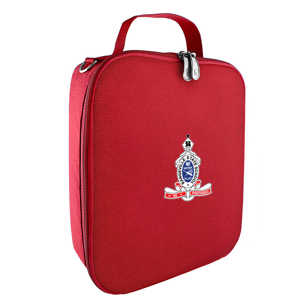 Harlequin lunch bag in red colour front side angle displaying carry handle, durable water repellent material with Rangeville State School logo