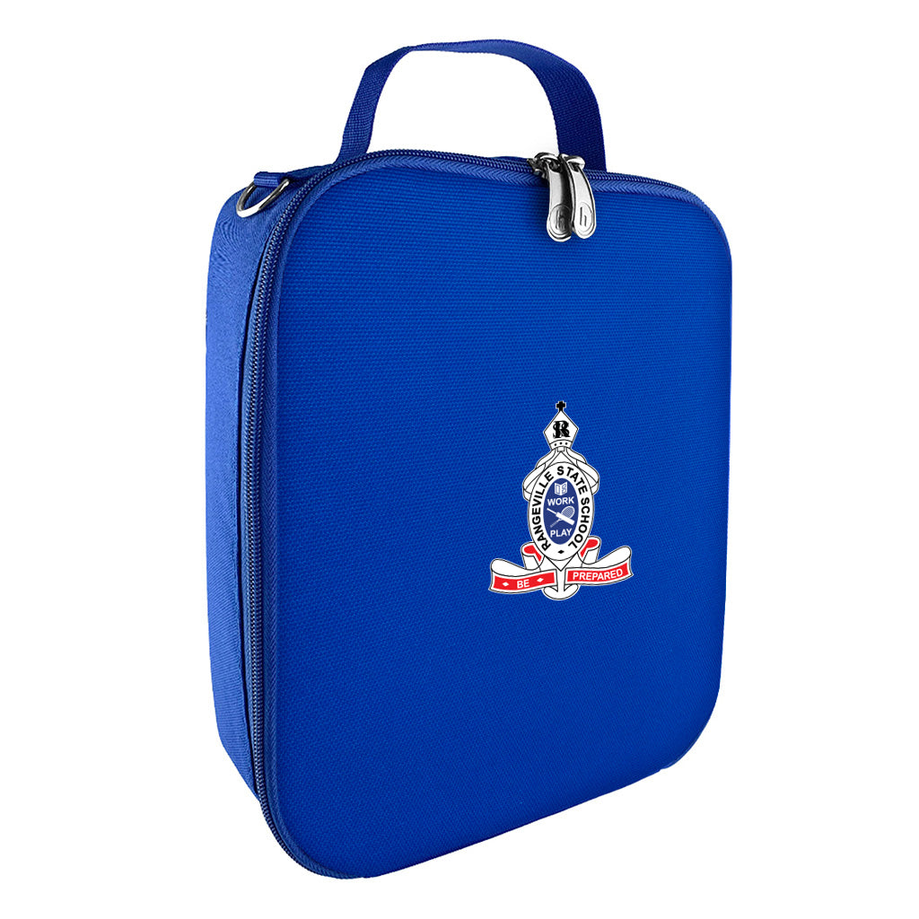 Harlequin lunch bag in royal colour front side angle displaying carry handle, durable water repellent material with Rangeville State School logo