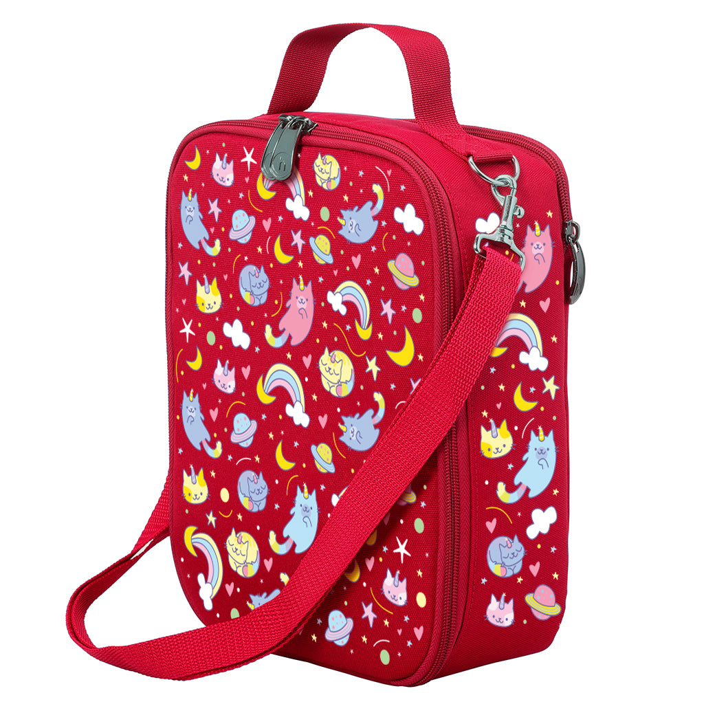 Harlequin Large Lunch bag in Red with Kittycorn design from the Harlequin Creatix Signature Series. Front angle view displaying top handle, quality zippers and D-Rings with additional shoulder strap.