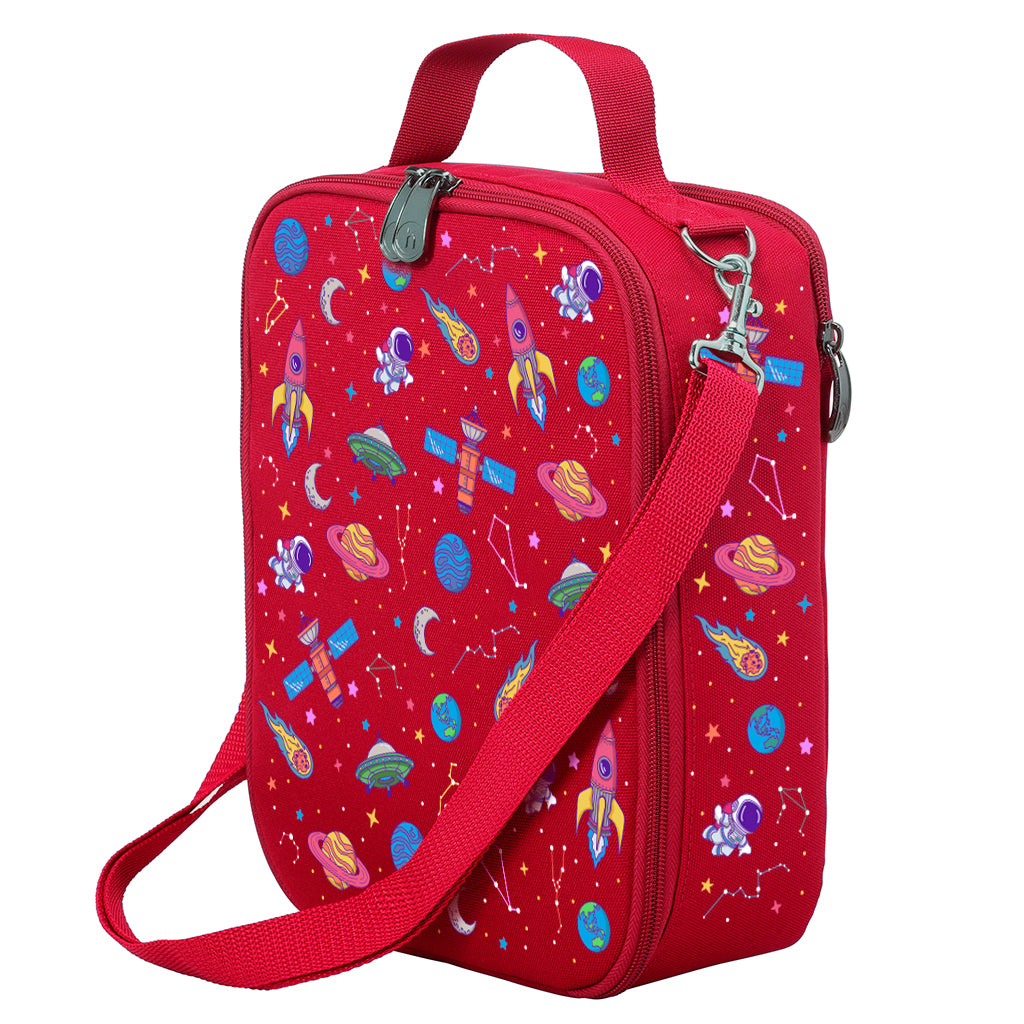 Harlequin Large Lunch bag in Red with Galaxy Girl design from the Harlequin Creatix Signature Series. Front angle view displaying top handle, quality zippers and D-Rings with additional shoulder strap.