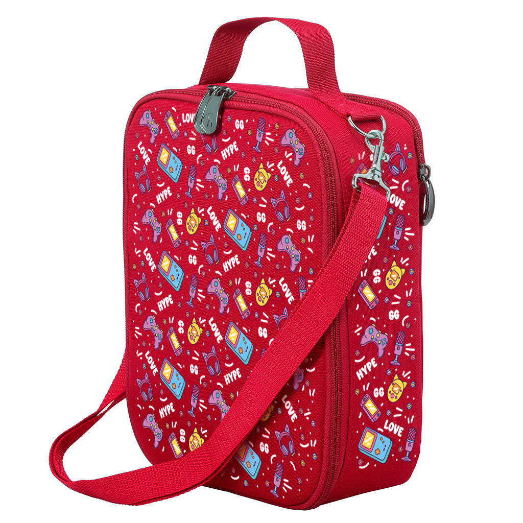 Harlequin Large Lunch bag in Red with Pixel Chick design from the Harlequin Creatix Signature Series. Front angle view displaying top handle, quality zippers and D-Rings with additional shoulder strap.