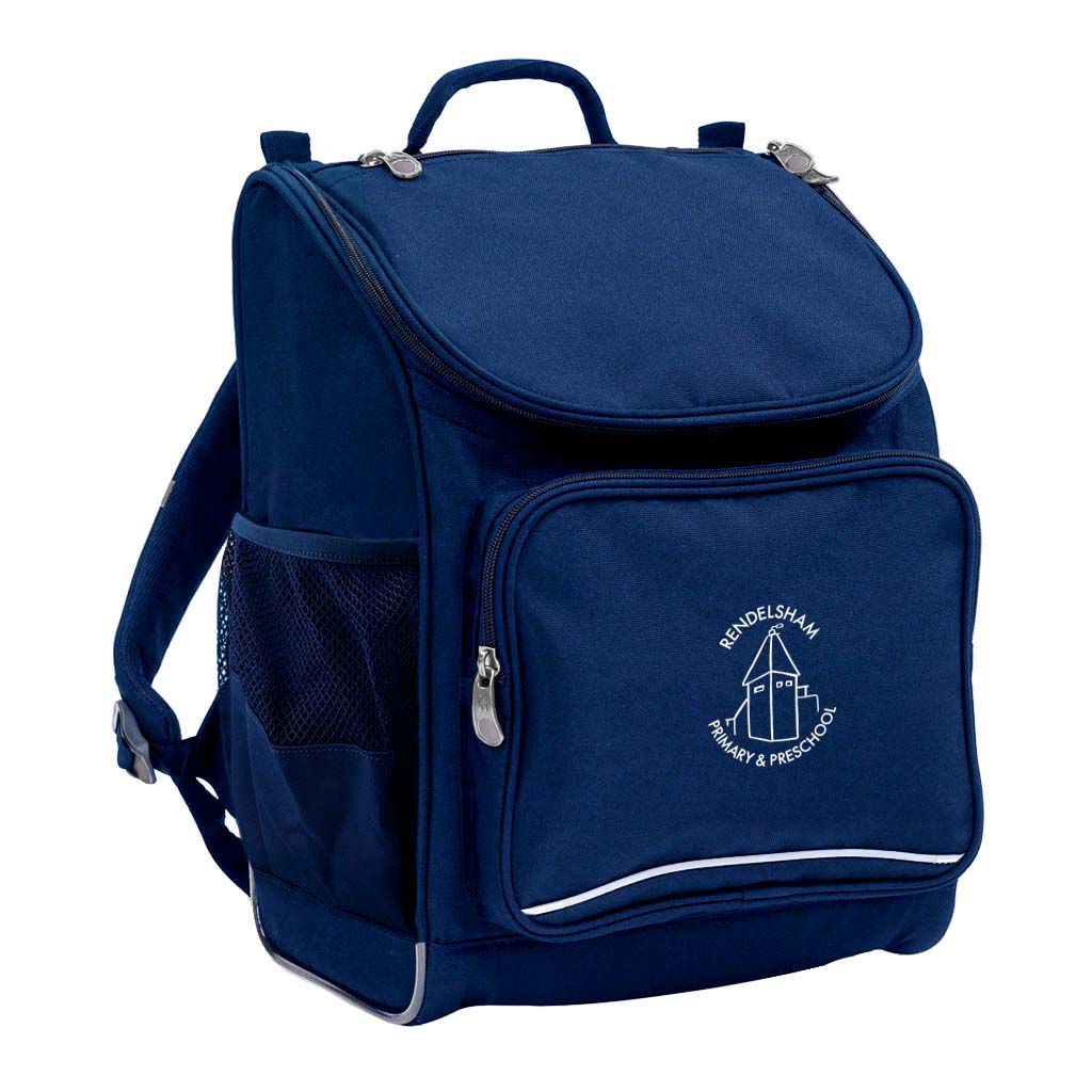 Mighty backpack in colour Navy, front side angle displaying carry handle, padded shoulder straps, top zipper compartment, front zipper pocket and mesh water bottle holder with Rendelsham Primary School logo