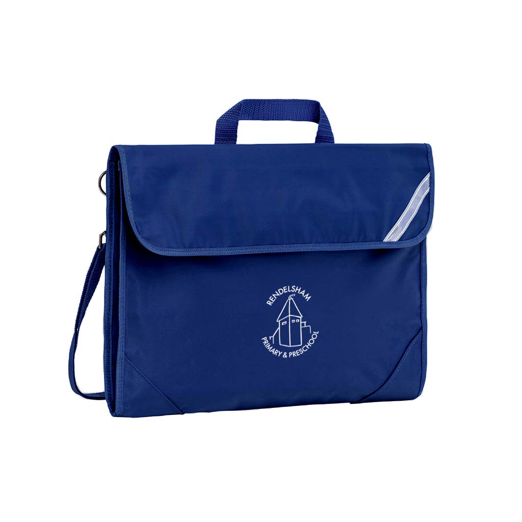 Harlequin Safety Library bag in Navy displaying carry handle, velcro opening, shoulder strap, reflector safety strip, reinforced corners and Rendelsham Primary School logo