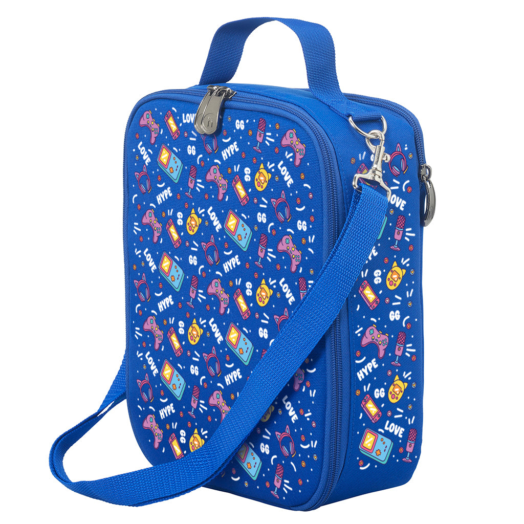 Harlequin Large Lunch bag in Royal Blue with Pixel Chick design from the Harlequin Creatix Signature Series. Front angle view displaying top handle, quality zippers and D-Rings with additional shoulder strap.