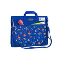 Harlequin Safety Library bag in Royal Blue with Galaxy Boy design from the Harlequin Creatix Signature Series. Back angle view displaying carry handle, D-Rings, name card sleeve, side pocket, reinforced corners and shoulder strap.