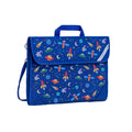 Harlequin Safety Library bag in Royal Blue with Galaxy Boy design from the Harlequin Creatix Signature Series. Front angle view displaying carry handle, easy open velcro strap, reflector safety strip, reinforced corners and shoulder strap.