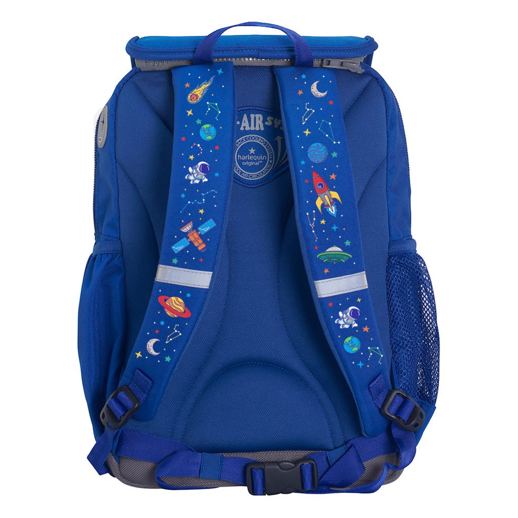 Harlequin Ergo Tuff-Pack backpack in Royal Blue with Galaxy Boy design from the Harlequin Creatix Signature Series. Back view showcasing the Anatomic back panel, padded shoulder straps and waist strap.