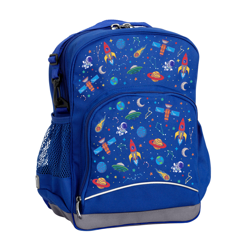 Harlequin Kindy Tuff-Pack Backpack in royal blue with Galaxy Boy design from the Harlequin Creatix Signature Series. Front-side angle showcasing parent strap, padded shoulder straps, top zipper compartment, front zipper pocket, and mesh water bottle holder