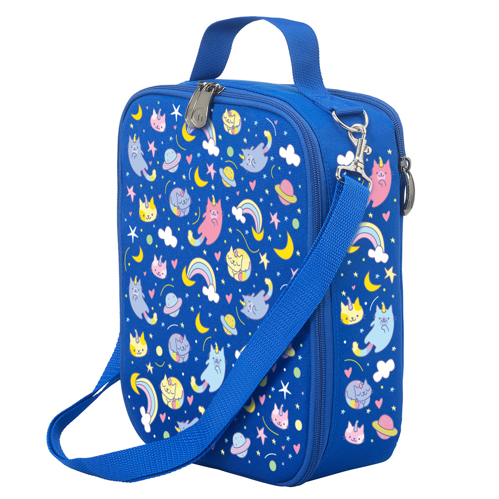 Harlequin Large Lunch bag in Blue with Kittycorn design from the Harlequin Creatix Signature Series. Front angle view displaying top handle, quality zippers and D-Rings with additional shoulder strap.