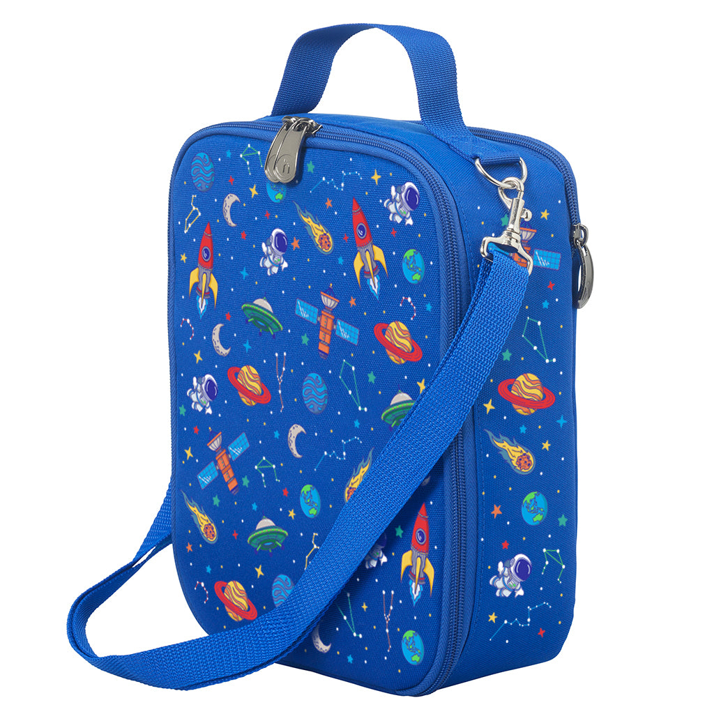 Harlequin Large Lunch bag in Royal Blue with Galaxy Boy design from the Harlequin Creatix Signature Series. Front angle view displaying top handle, quality zippers and D-Rings with additional shoulder strap.