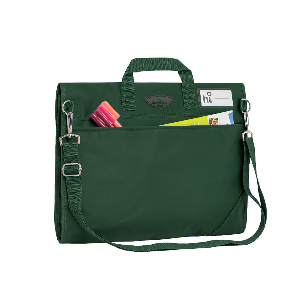 Harlequin Safety Library bag in Green displaying carry handle, open sleeve pocket with pens and paper , shoulder strap, two d-rings to attach shoulder straps, reinforced corners and name card sleeve