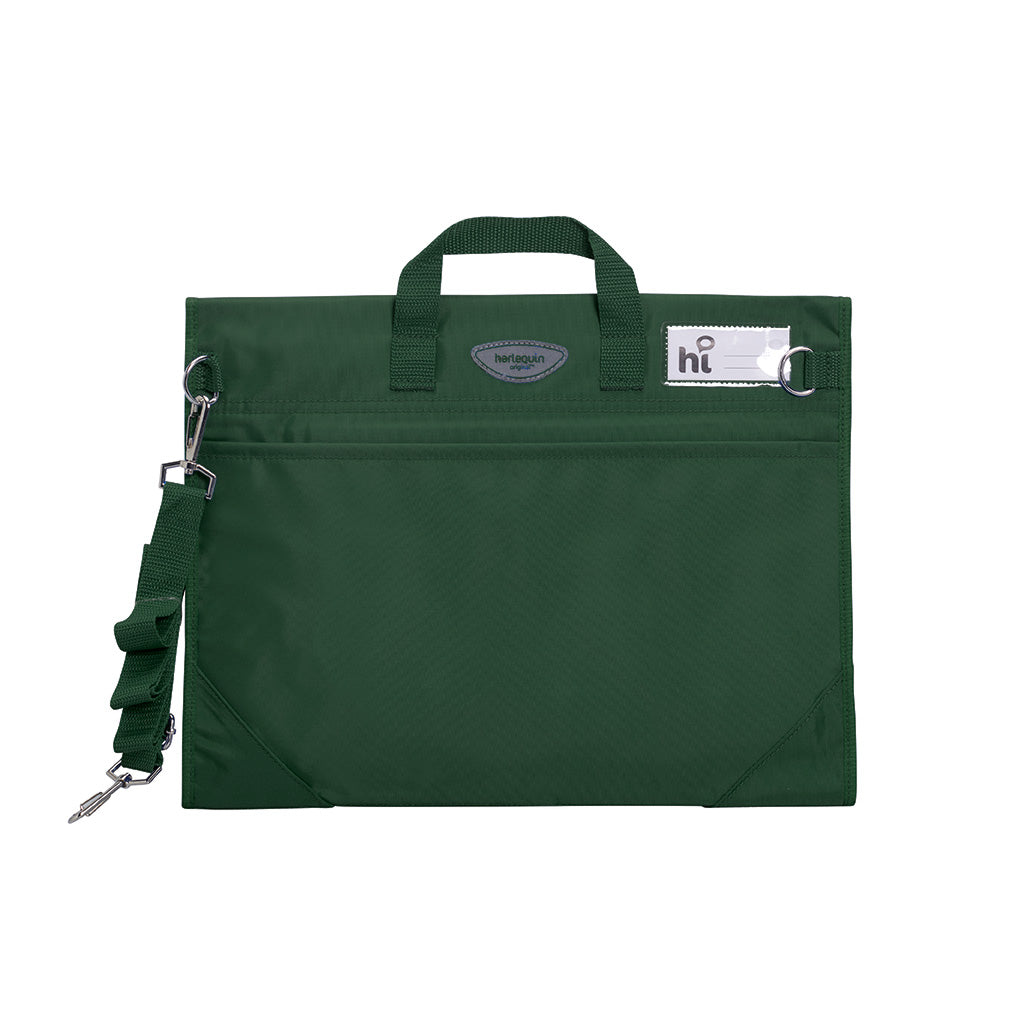Harlequin Safety Library bag in green displaying carry handle, open sleeve pocket , shoulder strap, two d-rings to attach shoulder straps, reinforced corners and name card sleeve