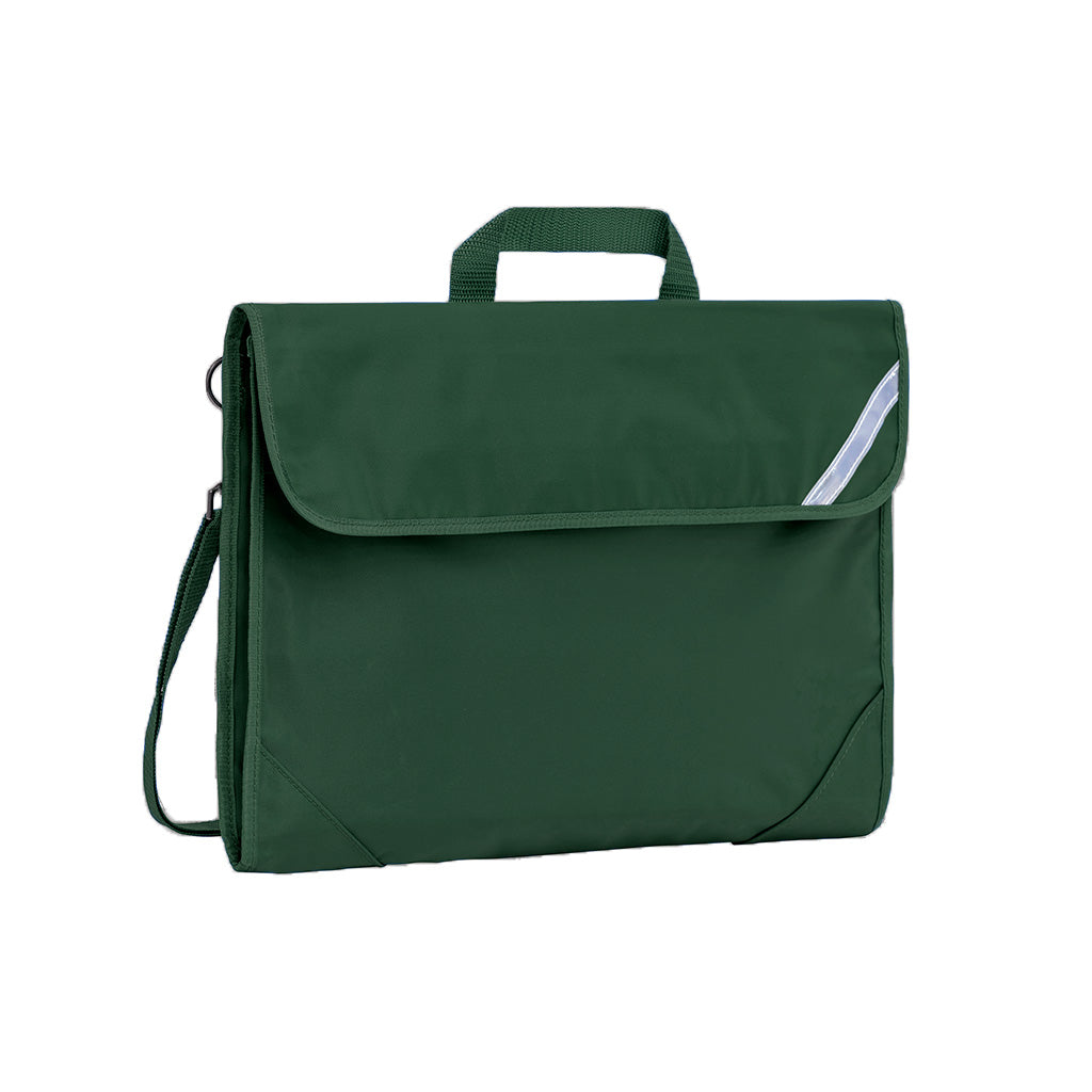 Harlequin Safety Library bag in Bottle Green displaying carry handle, velcro opening, shoulder strap, reflector safety strip and reinforced corners