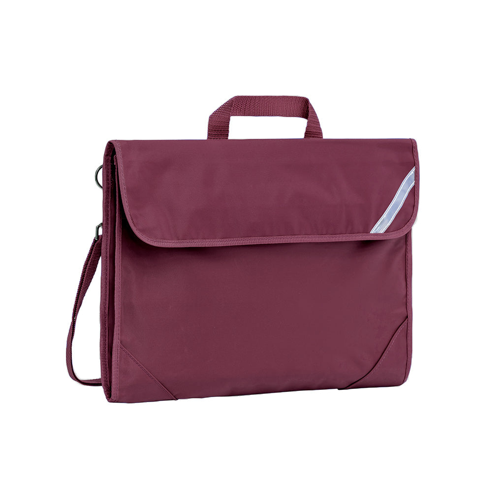Harlequin Safety Library bag in Maroon displaying carry handle, velcro opening, shoulder strap, reflector safety strip and reinforced corners