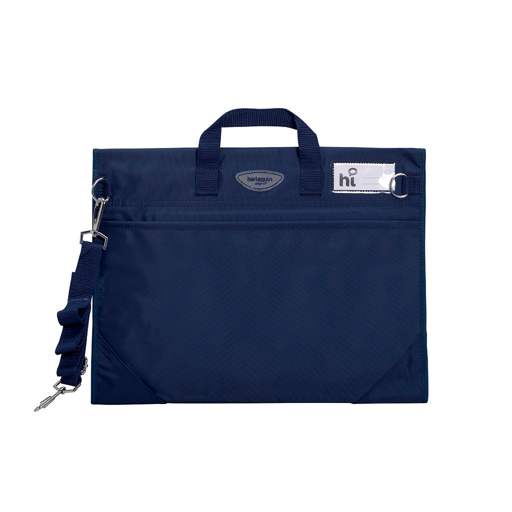 Harlequin Safety Library bag in Navy displaying carry handle, open sleeve pocket , shoulder strap, two d-rings to attach shoulder straps, reinforced corners and name card sleeve