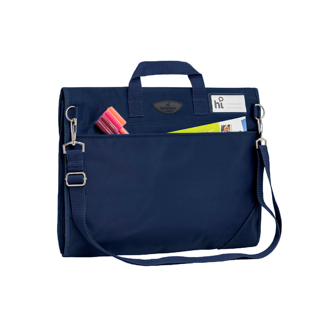 Harlequin Safety Library bag in Navy displaying carry handle, open sleeve pocket with pens and paper , shoulder strap, two d-rings to attach shoulder straps, reinforced corners and name card sleeve