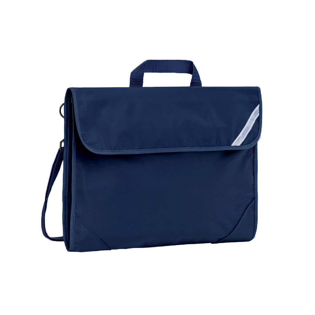 Harlequin Safety Library bag in Navy displaying carry handle, velcro opening, shoulder strap, reflector safety strip and reinforced corners