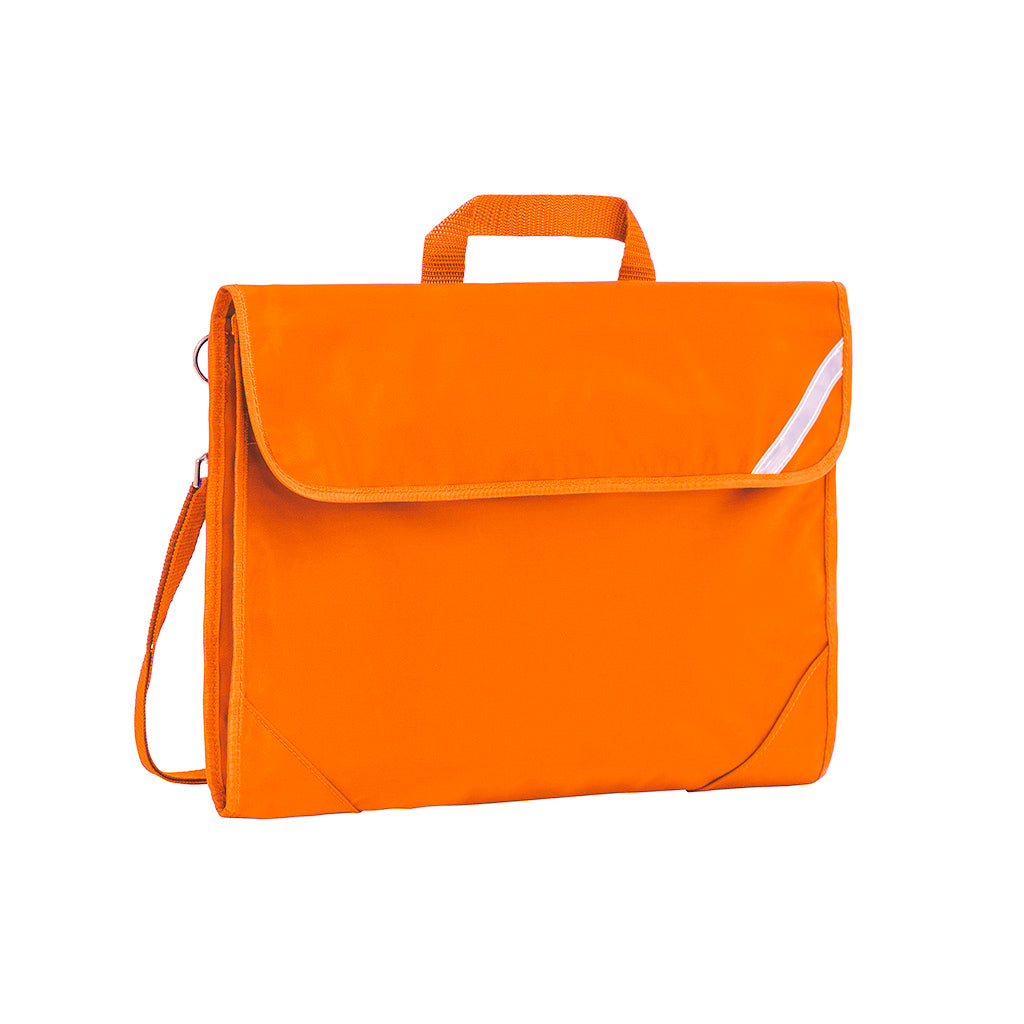 Harlequin Safety Library bag in Orange displaying carry handle, velcro opening, shoulder strap, reflector safety strip and reinforced corners