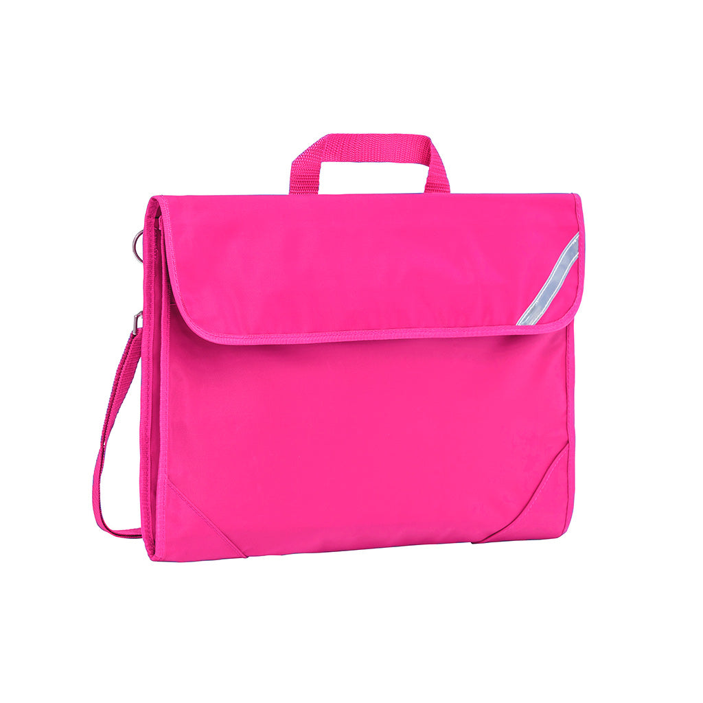 Harlequin Safety Library bag in Hot pink displaying carry handle, velcro opening, shoulder strap, reflector safety strip and reinforced corners
