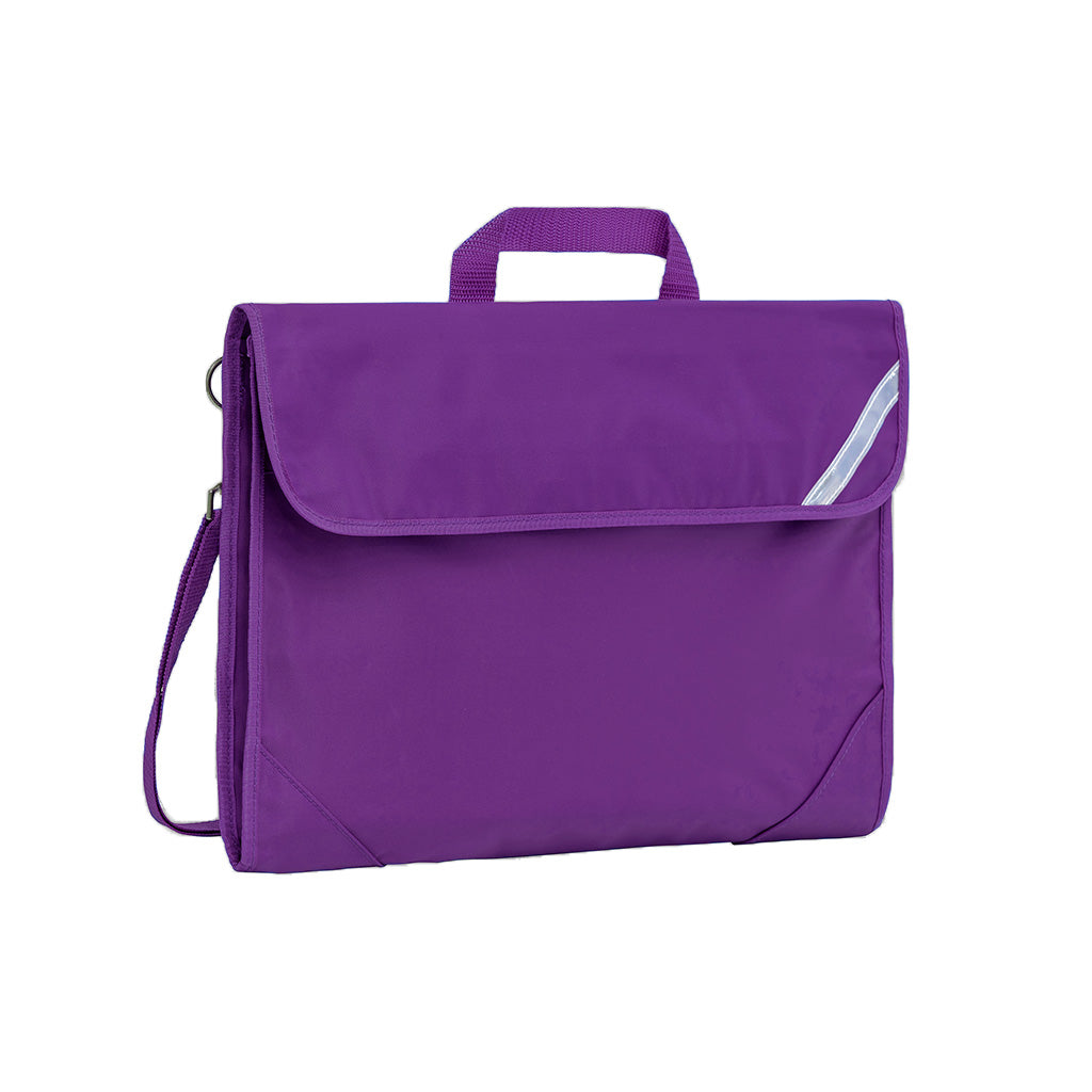 Harlequin Safety Library bag in Purple displaying carry handle, velcro opening, shoulder strap, reflector safety strip and reinforced corners