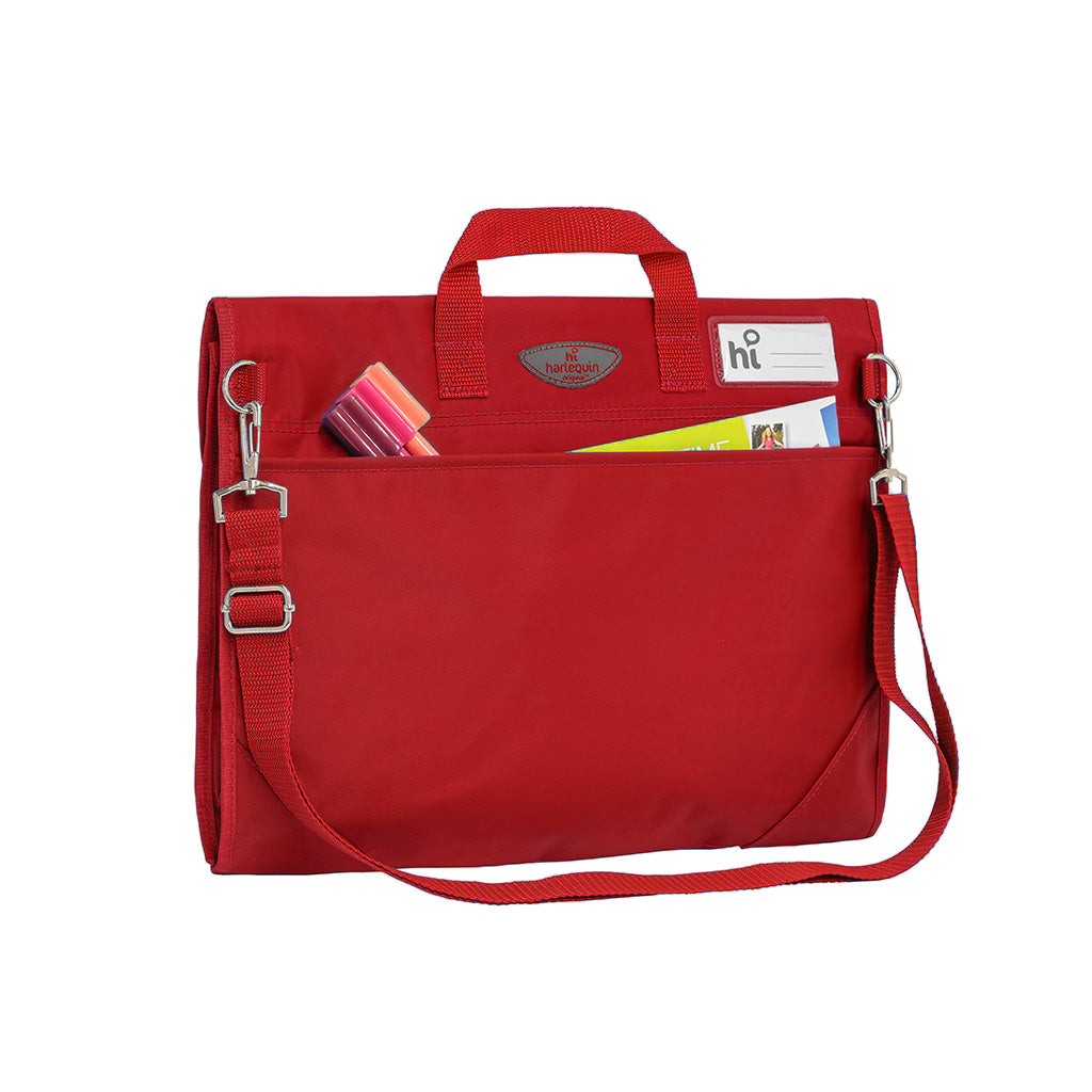 Harlequin Safety Library bag in red displaying carry handle, open sleeve pocket with pens and paper , shoulder strap, two d-rings to attach shoulder straps, reinforced corners and name card sleeve