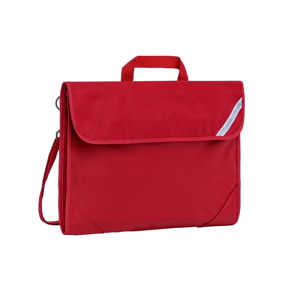 Harlequin Safety Library bag in Red displaying carry handle, velcro opening, shoulder strap, reflector safety strip and reinforced corners