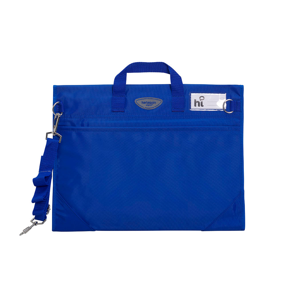 Harlequin Safety Library bag in royal blue displaying carry handle, open sleeve pocket , shoulder strap, two d-rings to attach shoulder straps, reinforced corners and name card sleeve