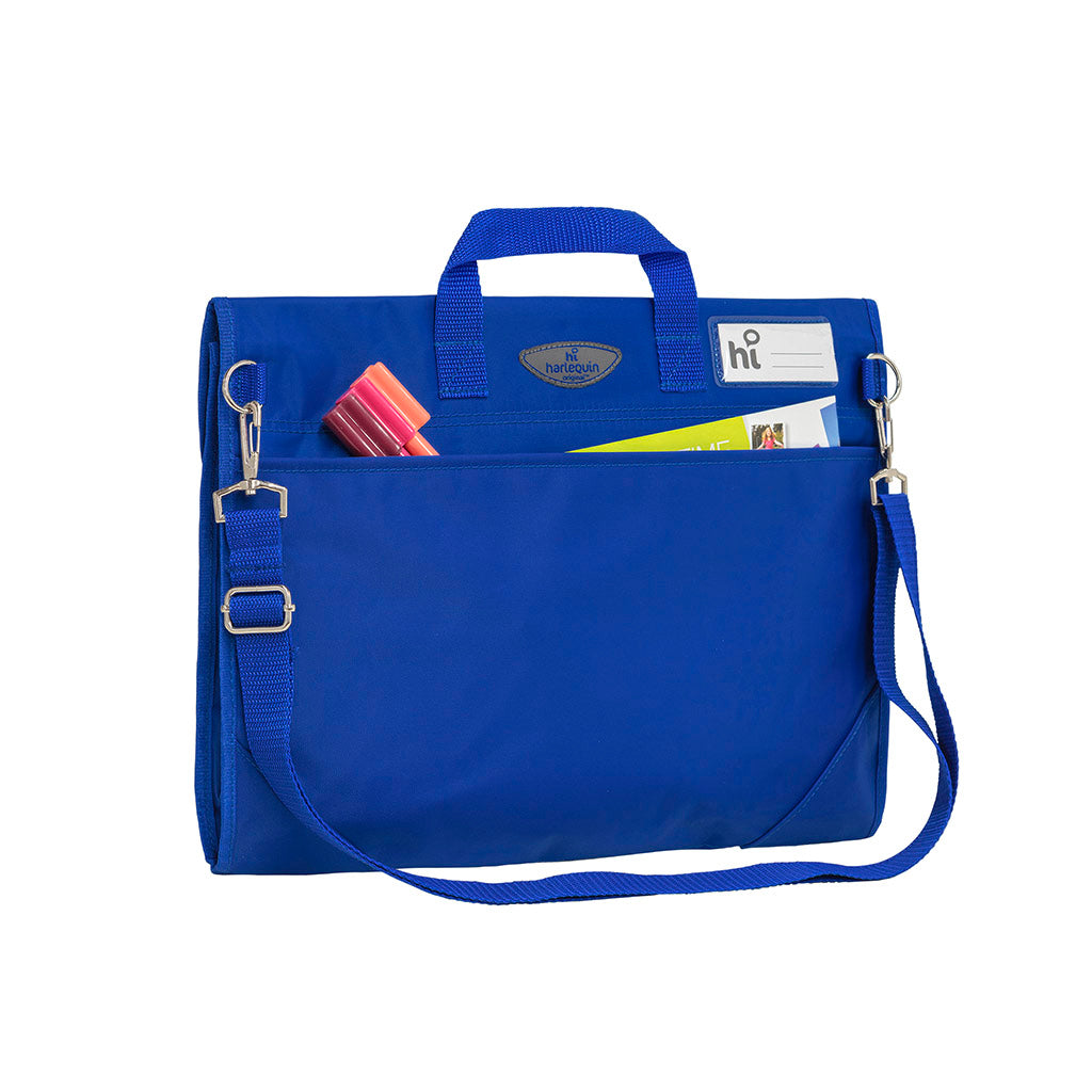 Harlequin Safety Library bag in royal displaying carry handle, open sleeve pocket with pens and paper , shoulder strap, two d-rings to attach shoulder straps, reinforced corners and name card sleeve