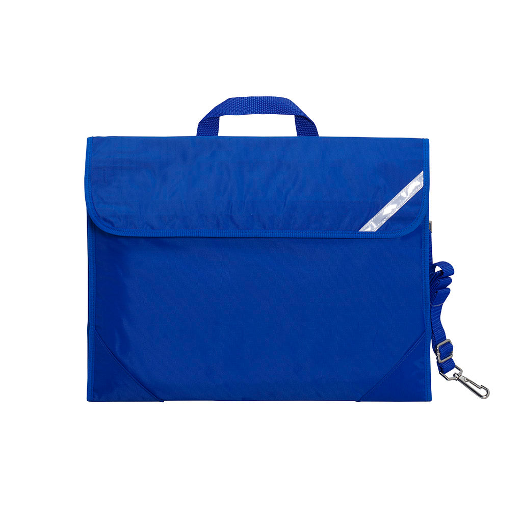 Harlequin Safety Library bag in royal blue front view displaying carry handle, easy open velcro strap, reflector safety strip, reinforced corners and shoulder strap.