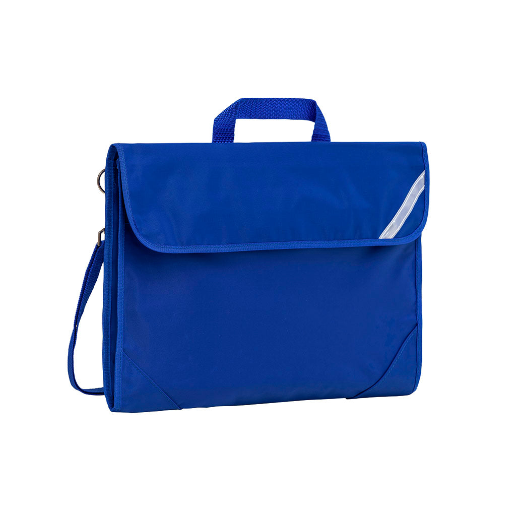 Harlequin Safety Library bag in Royal Blue displaying carry handle, velcro opening, shoulder strap, reflector safety strip and reinforced corners