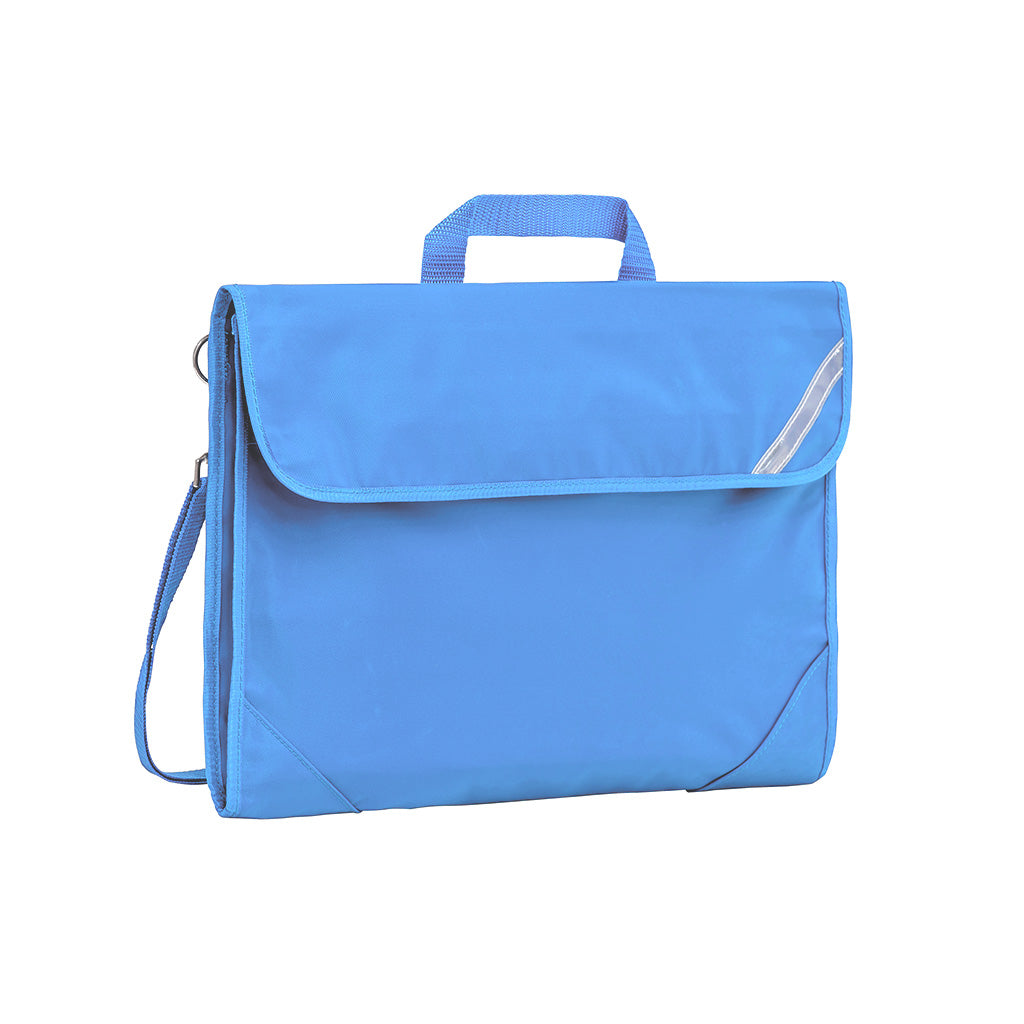 Harlequin Safety Library bag in Sky blue displaying carry handle, velcro opening, shoulder strap, reflector safety strip and reinforced corners