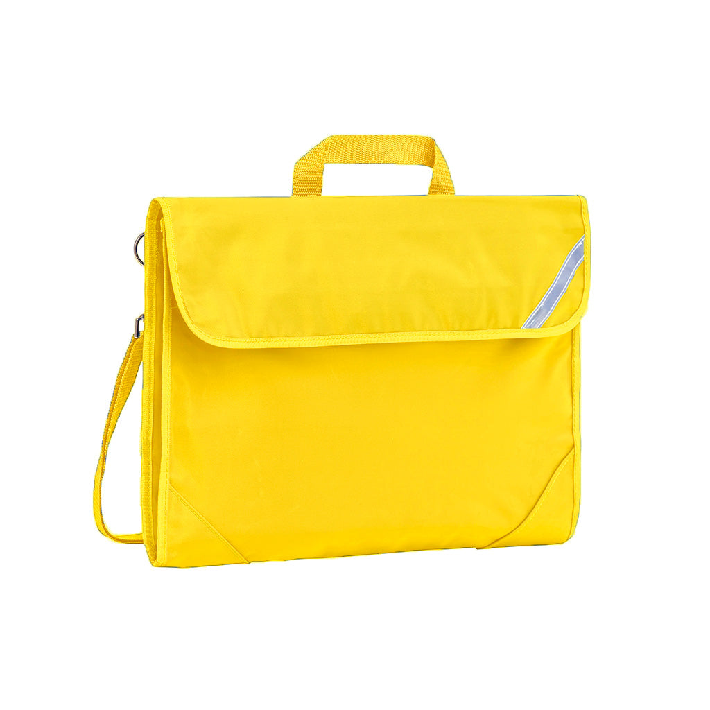 Harlequin Safety Library bag in Yellow displaying carry handle, velcro opening, shoulder strap, reflector safety strip and reinforced corners