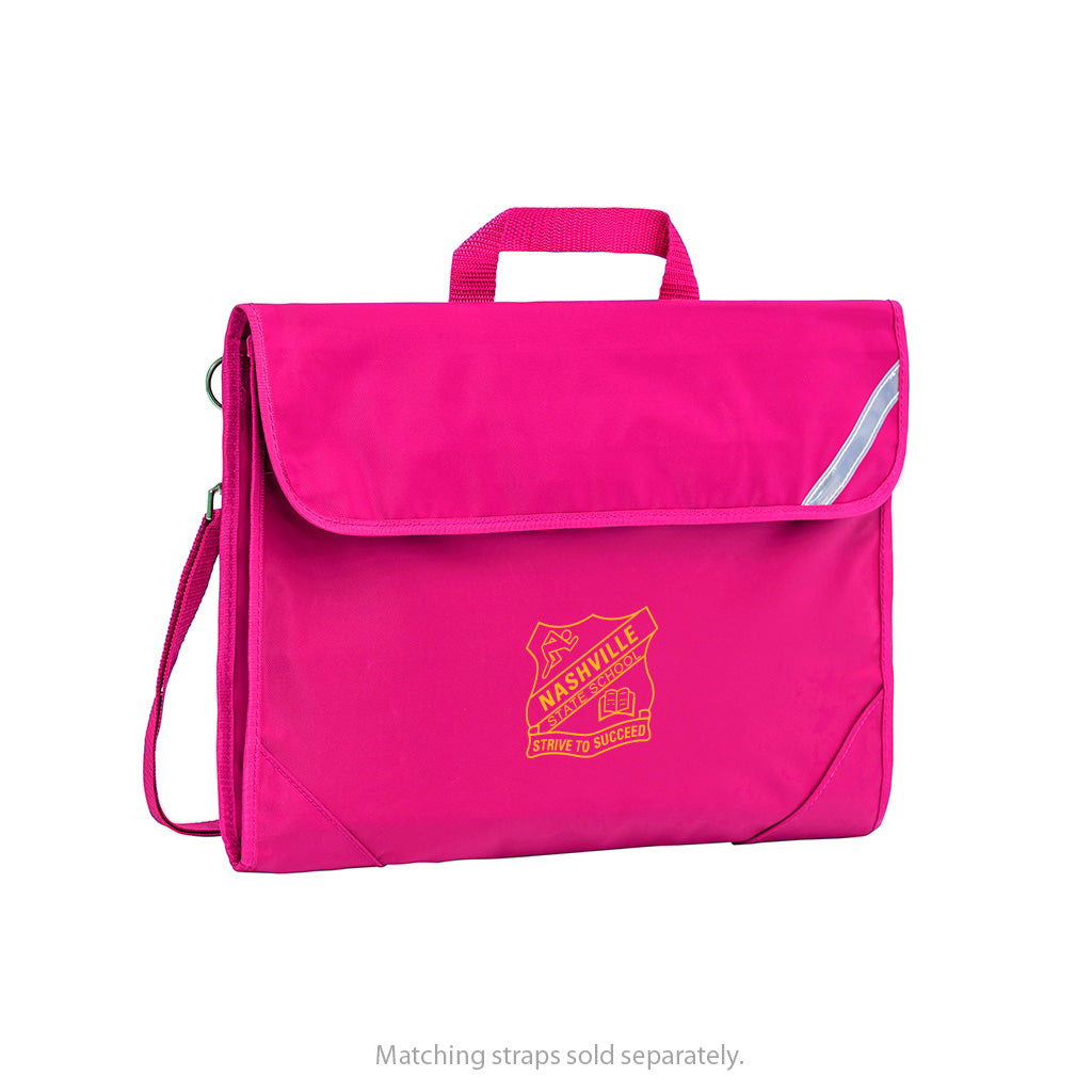 Harlequin Safety Library bag in pink displaying carry handle, velcro opening, shoulder strap, reflector safety strip, reinforced corners and Nashville State School logo