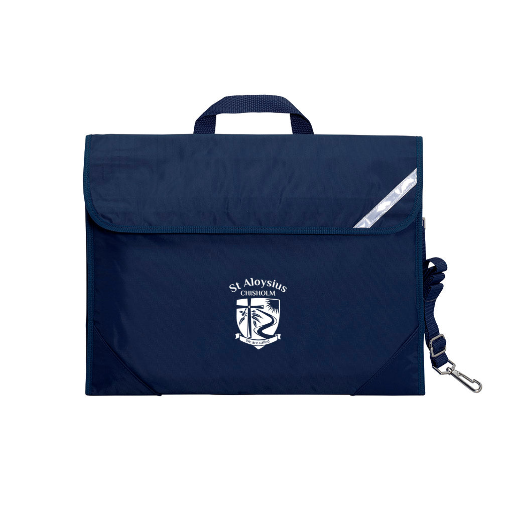 Harlequin Safety Library bag in Navy displaying carry handle, velcro opening, shoulder strap, reflector safety strip and reinforced corners with St Aloysius logo