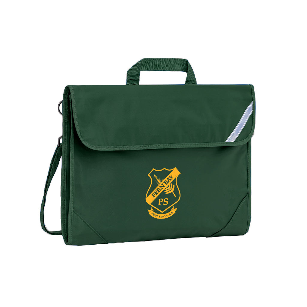 Harlequin Window Safety Library bag in Bottle Green displaying carry handle, velcro opening, shoulder strap, reflector safety strip, reinforced corners and Fern Bay Public School logo
