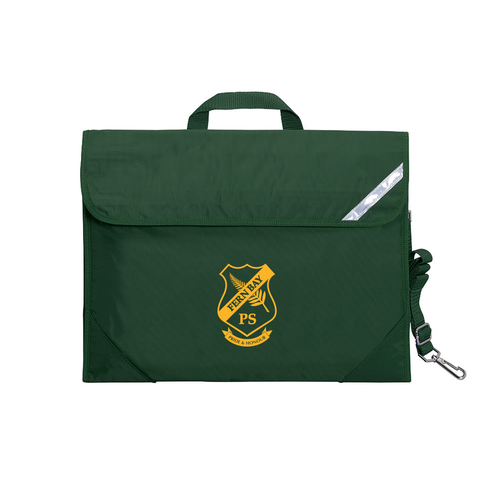 Harlequin Window Library bag in Green front angle view displaying carry handle, easy open velcro strap, reflector safety strip, reinforced corners, shoulder straps and Fern bay logo