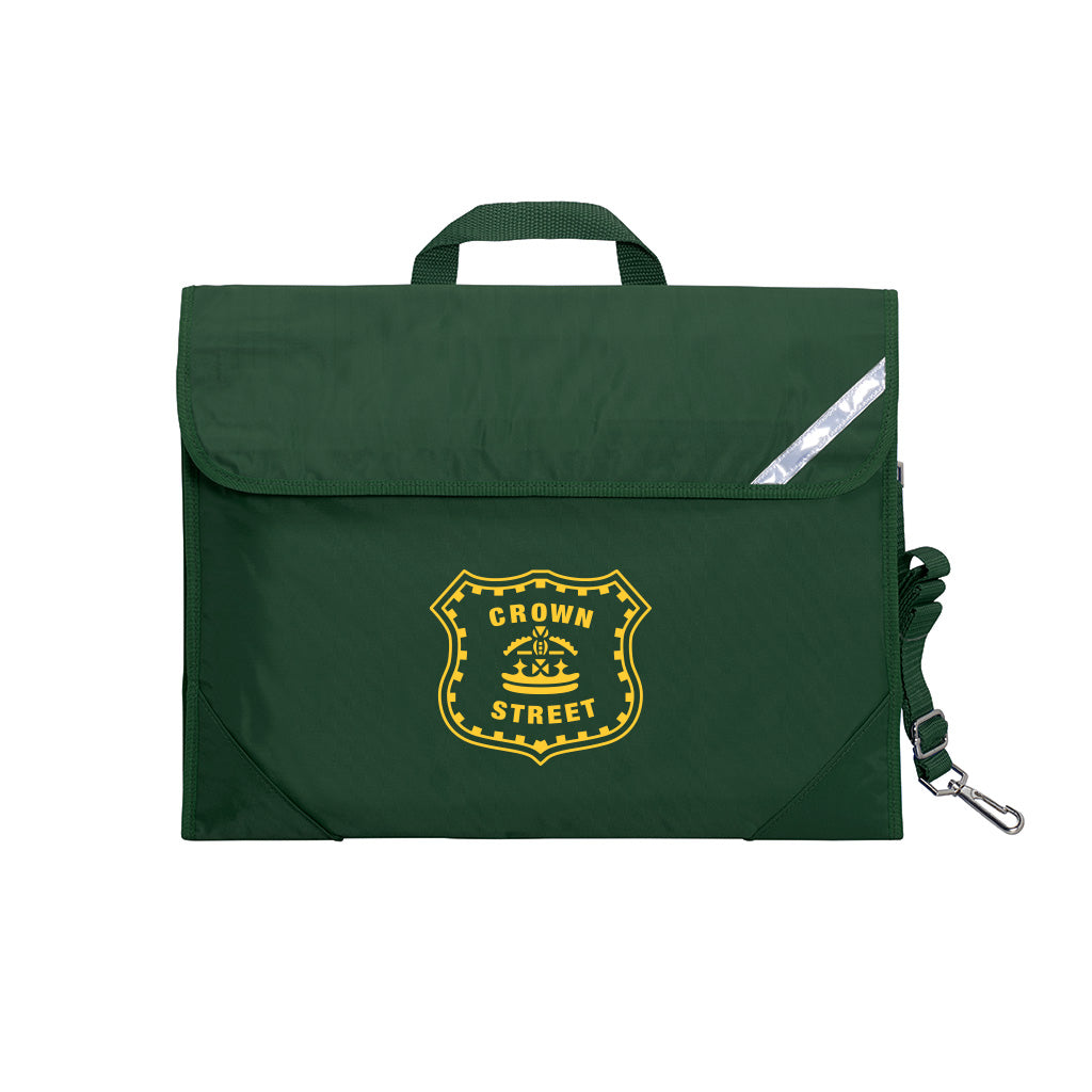 Harlequin Safety Library bag in green displaying carry handle, velcro opening, shoulder strap, reflector safety strip, reinforced corners and Crown Street logo