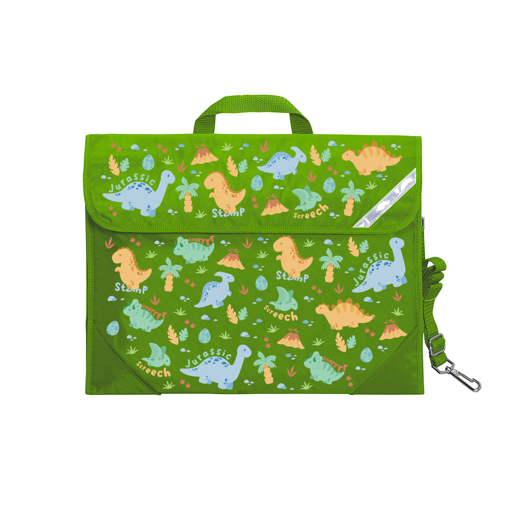 Harlequin Safety Library bag in Apple Green with Jurassic design from the Harlequin Creatix Signature Series. Front view displaying carry handle, easy open velcro strap, reflector safety strip, reinforced corners and shoulder strap.