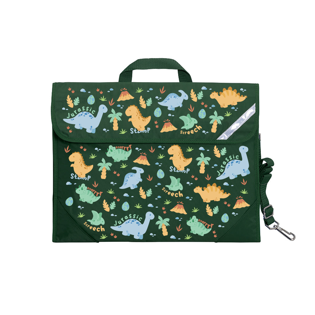 Harlequin Safety Library bag in Green with Jurassic design from the Harlequin Creatix Signature Series. Front view displaying carry handle, easy open velcro strap, reflector safety strip, reinforced corners and shoulder strap.