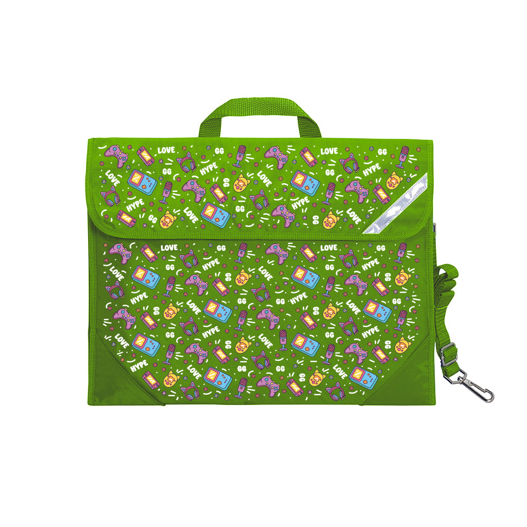 Harlequin Safety Library bag in Green with Pixel Chick design from the Harlequin Creatix Signature Series. Front angle view displaying carry handle, easy open velcro strap, reflector safety strip, reinforced corners and shoulder strap.