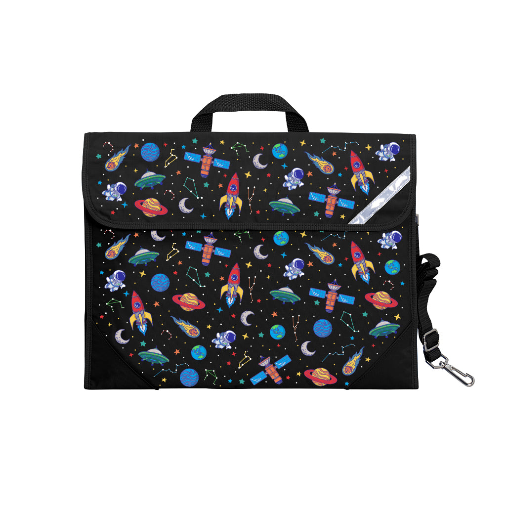 Harlequin Safety Library bag in Black with Galaxy Boy design from the Harlequin Creatix Signature Series. Front angle view displaying carry handle, easy open velcro strap, reflector safety strip, reinforced corners and shoulder strap.