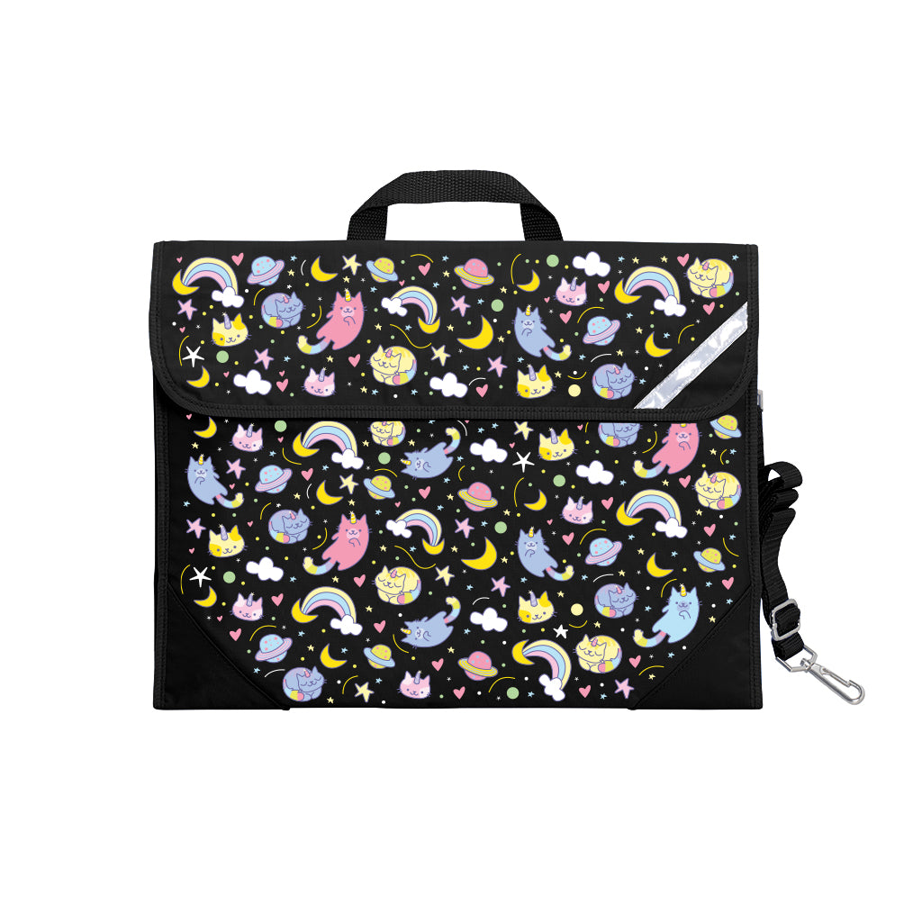 Harlequin Safety Library bag in Black displaying carry handle, velcro opening, shoulder strap, reflector safety strip and reinforced corners