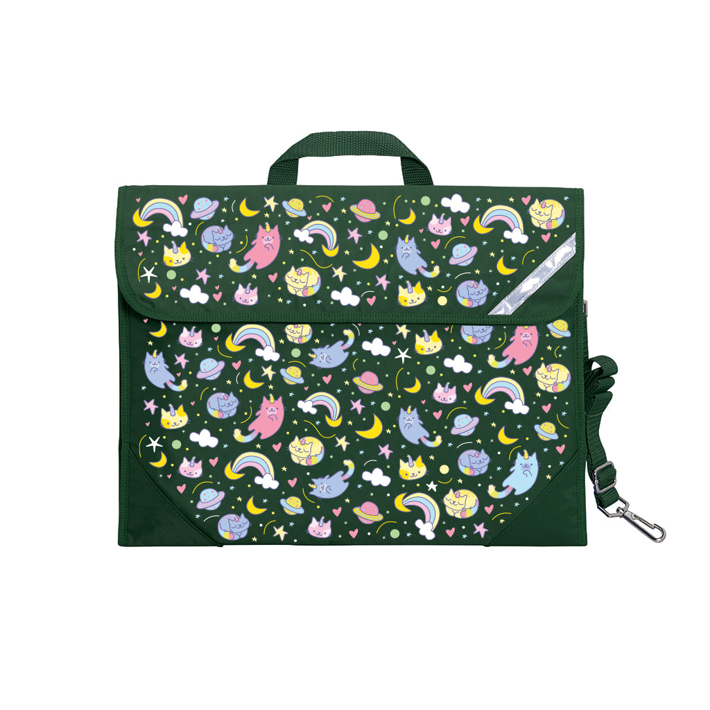 Harlequin Safety Library bag in Bottle Green displaying carry handle, velcro opening, shoulder strap, reflector safety strip and reinforced corners