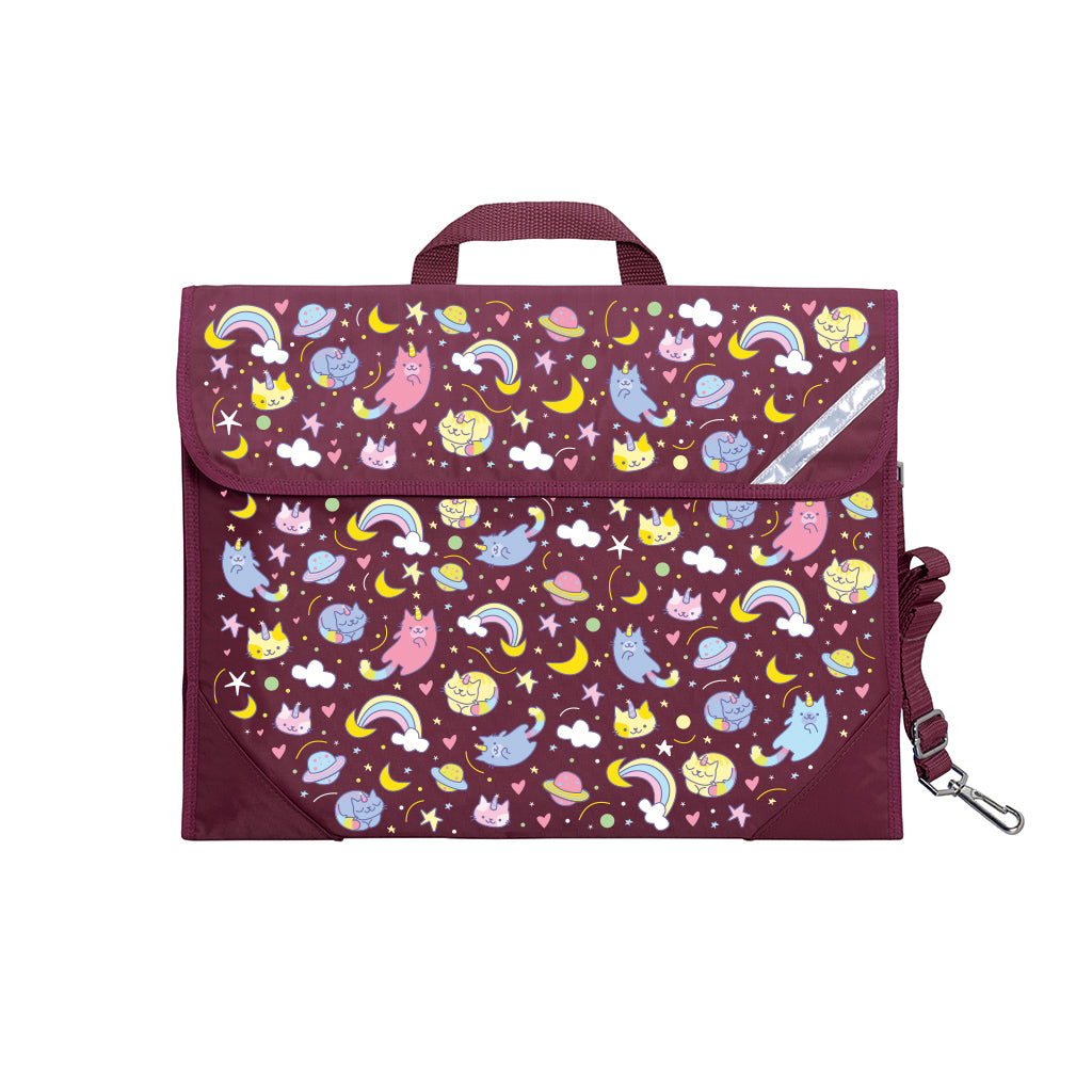 Harlequin Safety Library bag in Maroon displaying carry handle, velcro opening, shoulder strap, reflector safety strip and reinforced corners